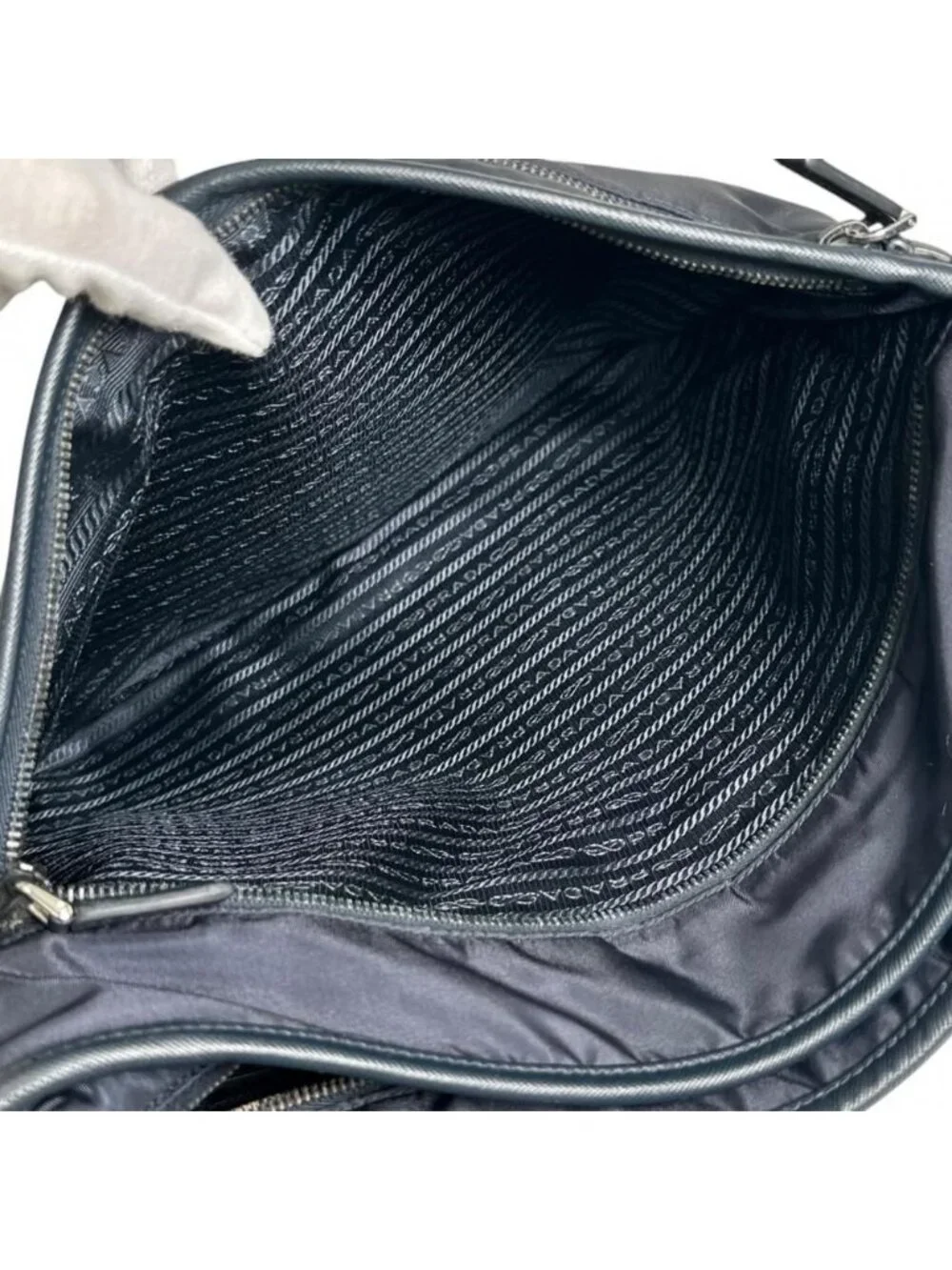 Prada Shoulder Bag Crossbody Nylon Saffiano Leather Navy Silver